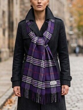 Italy Design Purple Plaid Fringed Scarf